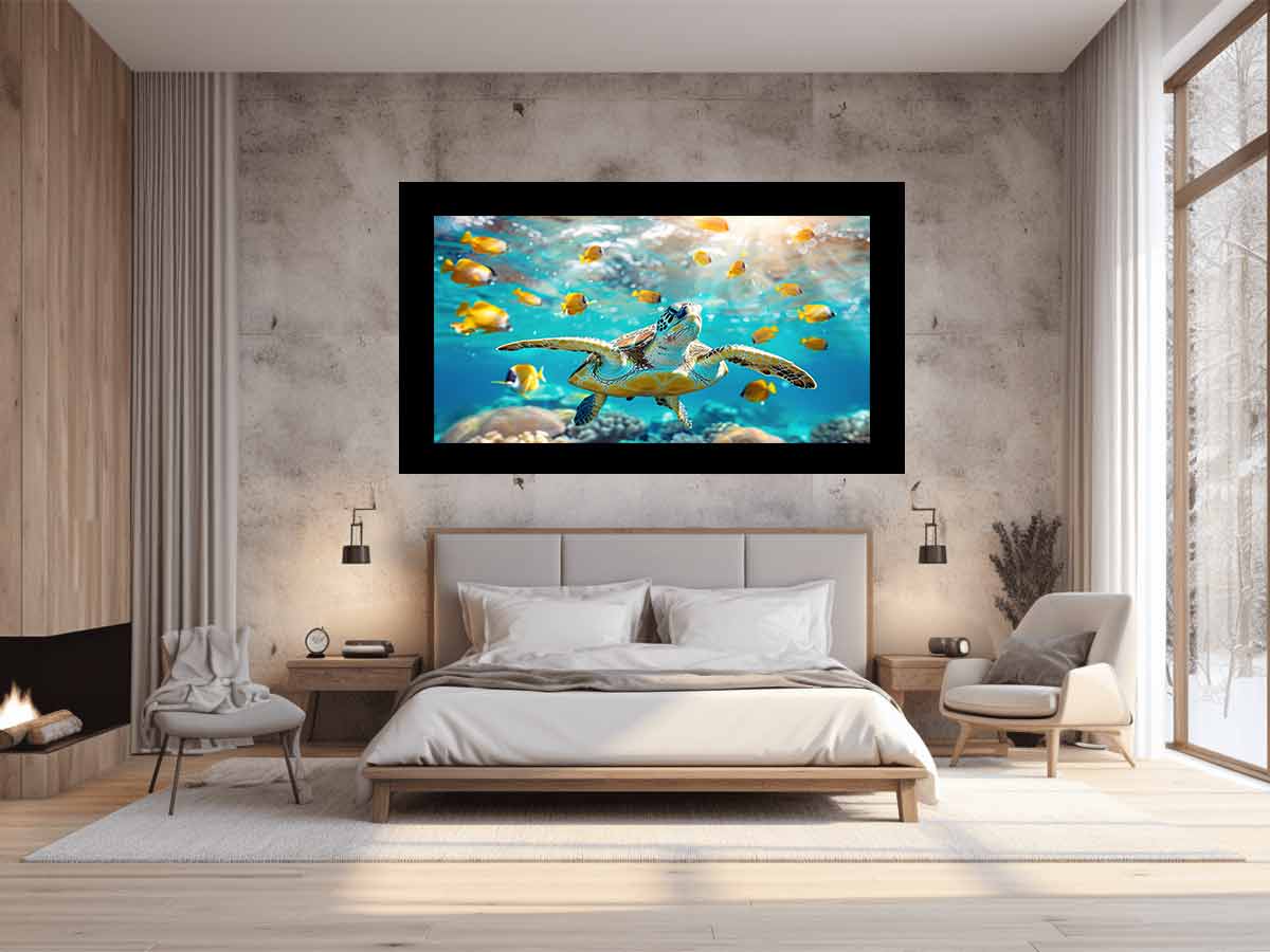 Sea turtle and yellow fish canvas art for bright coastal living room decor.