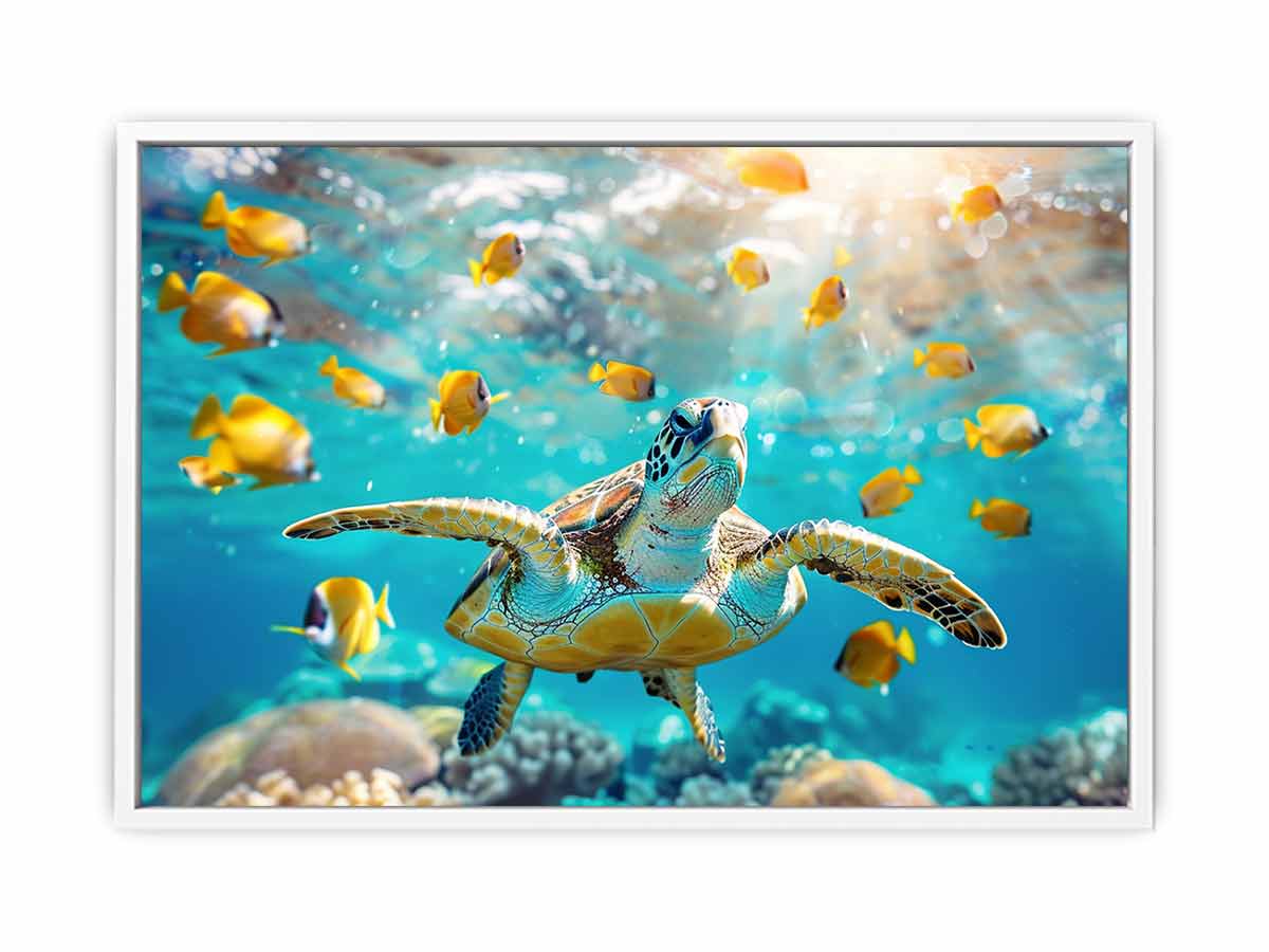 Sea turtle and yellow fish canvas art for bright coastal living room decor.