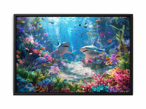 Colorful shark reef canvas art for bold coastal living room decor.