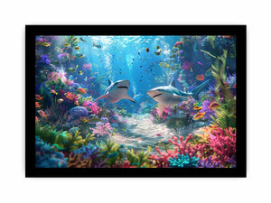 Colorful shark reef canvas art for bold coastal living room decor.
