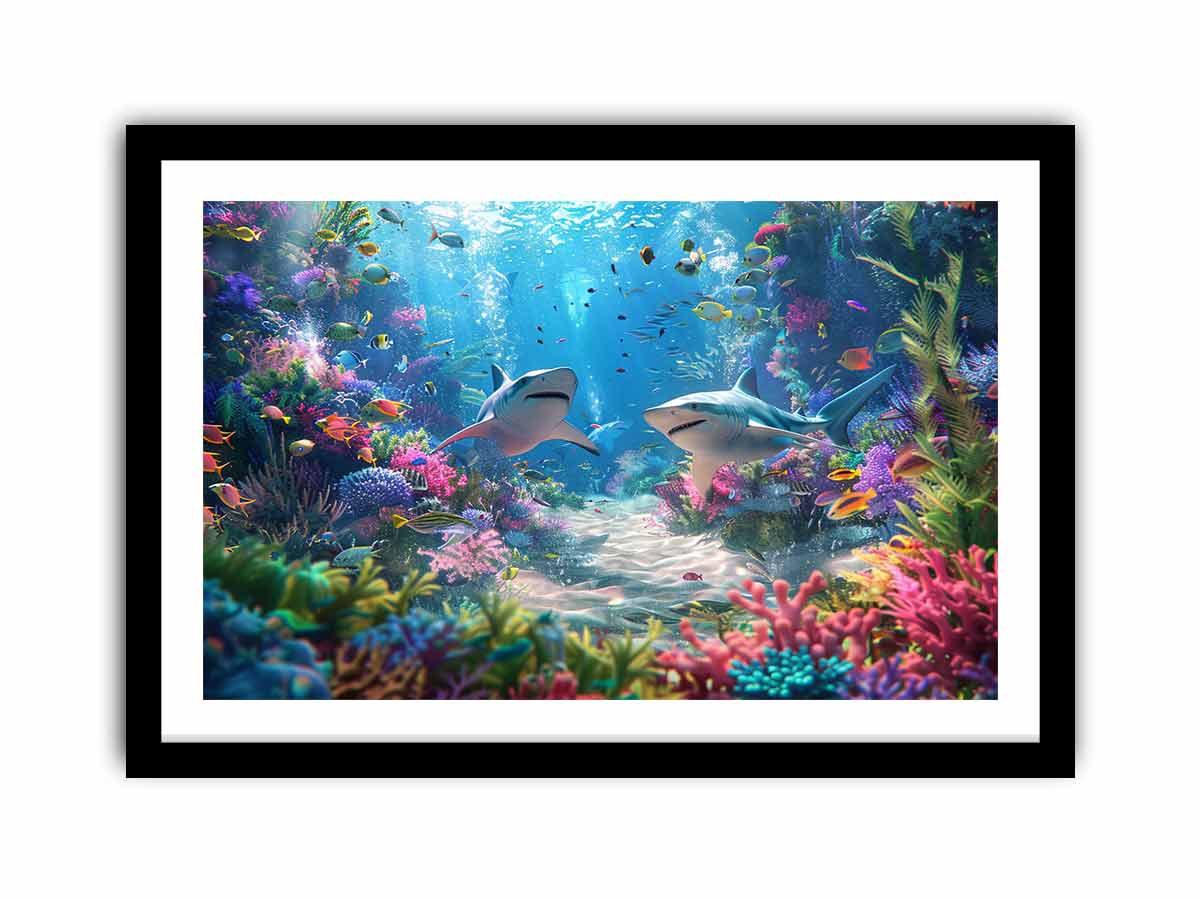 Colorful shark reef canvas art for bold coastal living room decor.