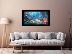 Colorful shark reef canvas art for bold coastal living room decor.