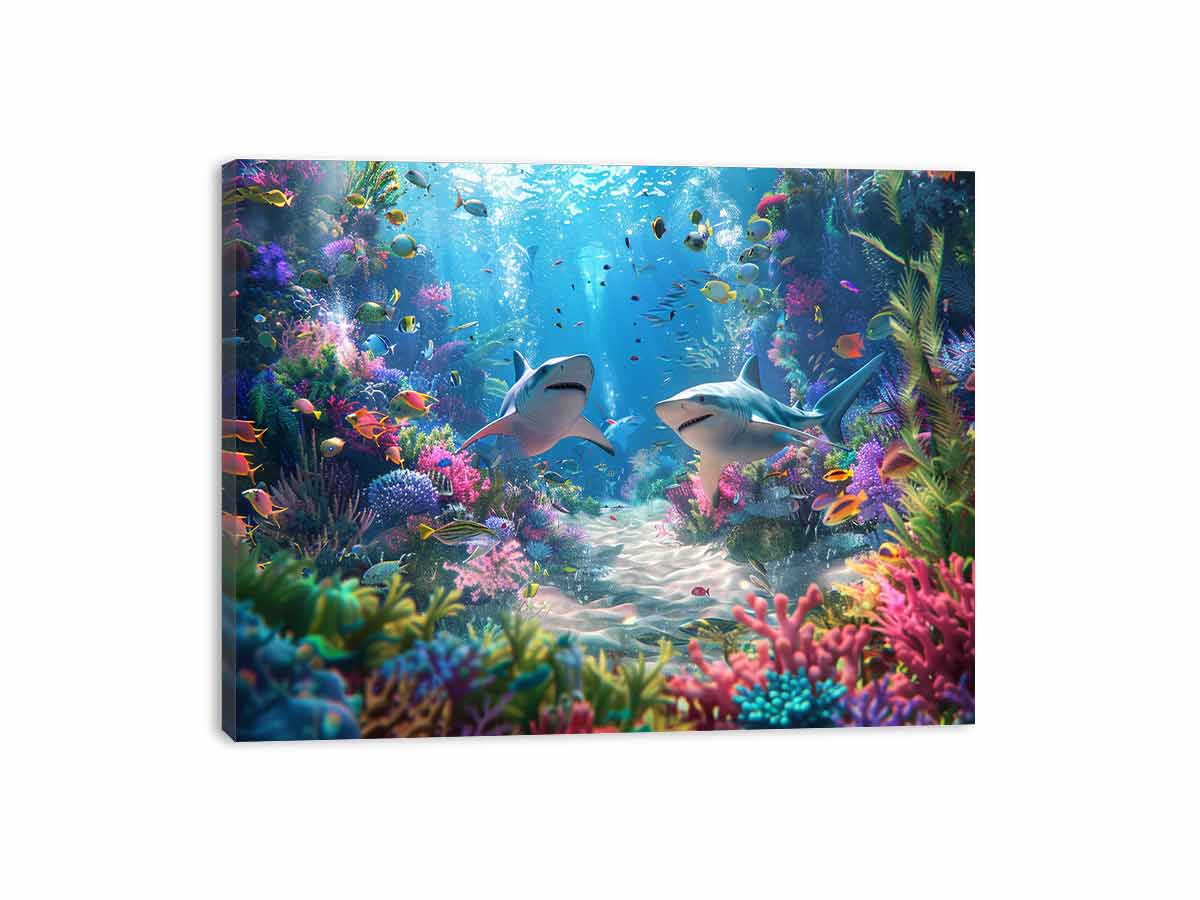 Colorful shark reef canvas art for bold coastal living room decor.
