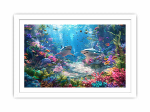Colorful shark reef canvas art for bold coastal living room decor.
