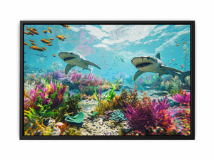 Pastel shark reef canvas art for colorful coastal kids room decor.