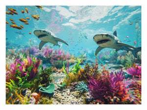 Pastel shark reef canvas art for colorful coastal kids room decor.