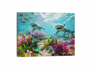 Pastel shark reef canvas art for colorful coastal kids room decor.