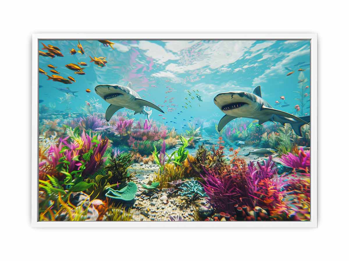 Pastel shark reef canvas art for colorful coastal kids room decor.