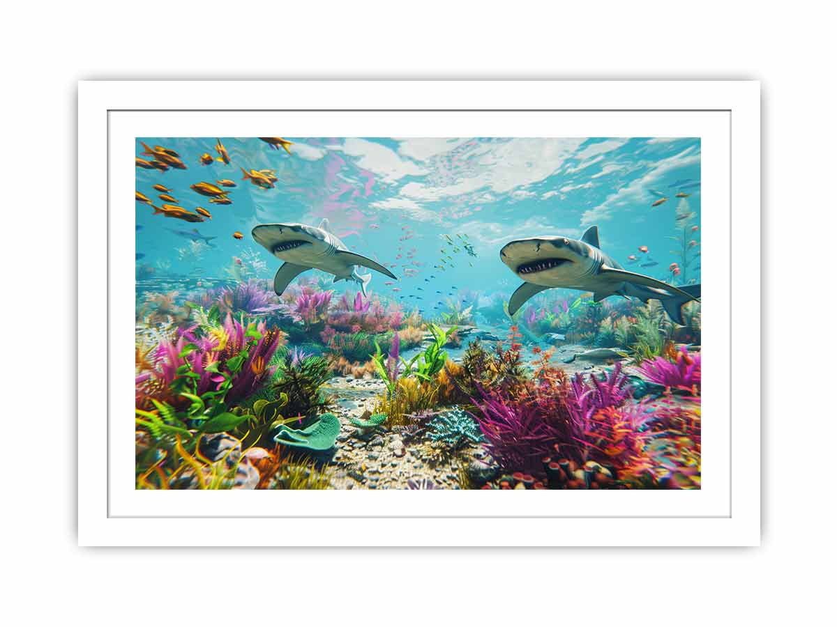 Pastel shark reef canvas art for colorful coastal kids room decor.