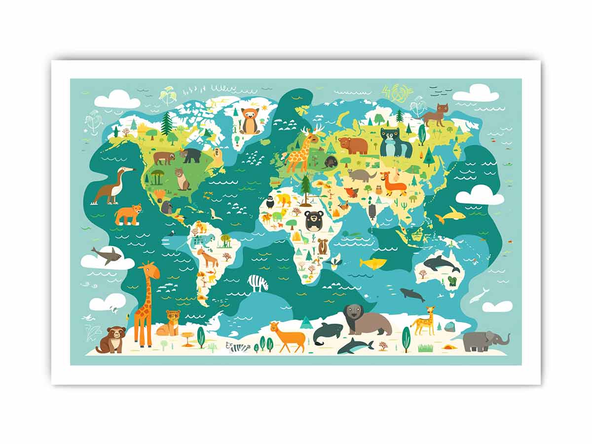 Illustrated animal world map canvas art for kids room decor.