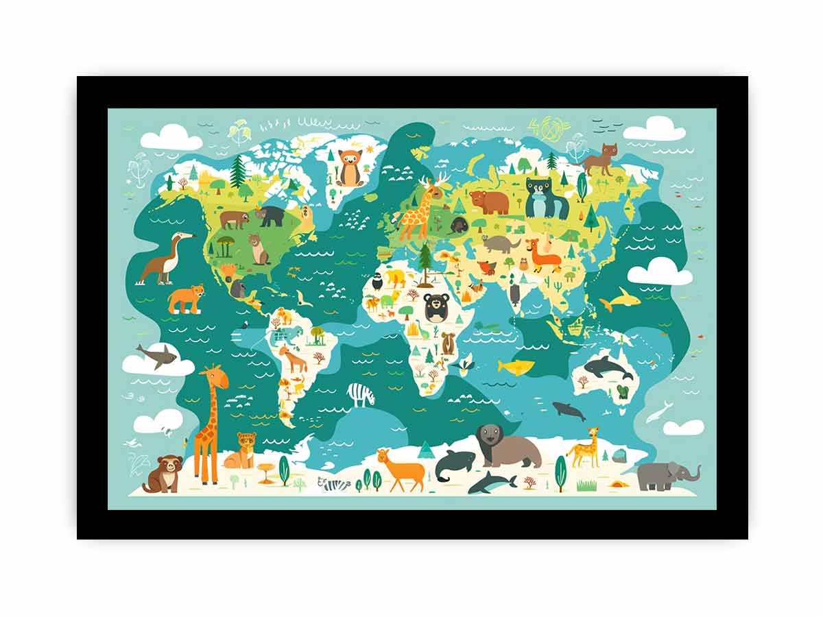 Illustrated animal world map canvas art for kids room decor.