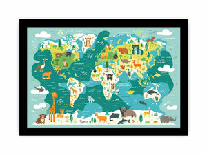 Illustrated animal world map canvas art for kids room decor.