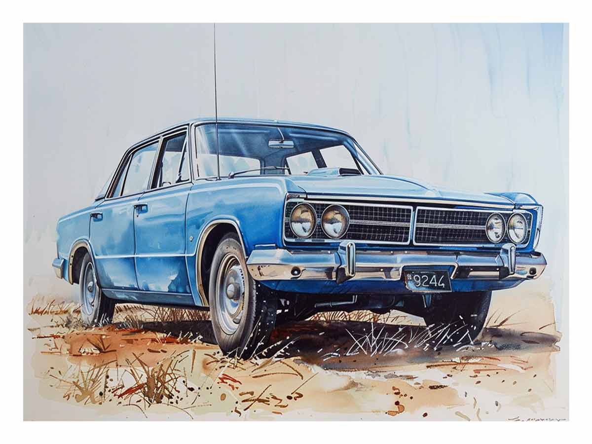 Vintage blue classic car watercolor canvas print for office decor.