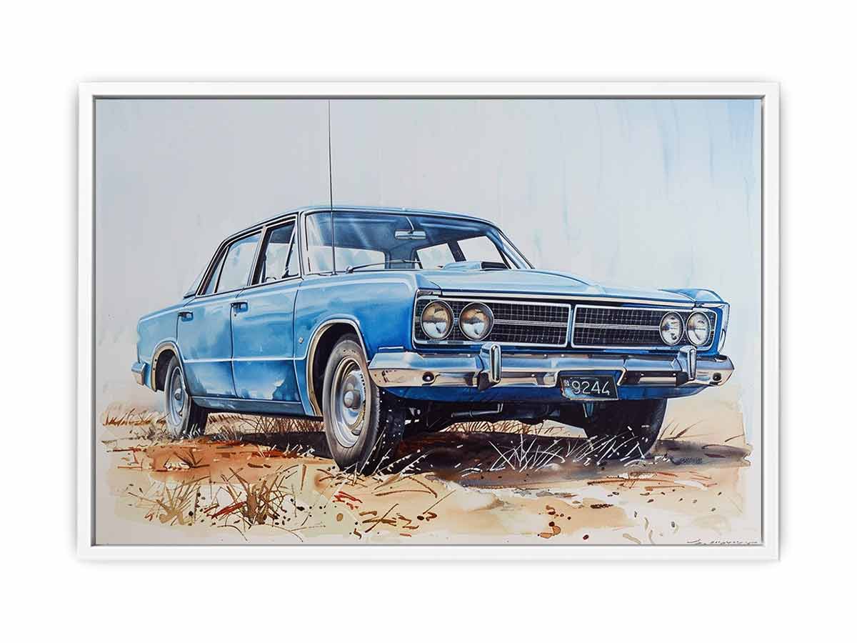 Vintage blue classic car watercolor canvas print for office decor.