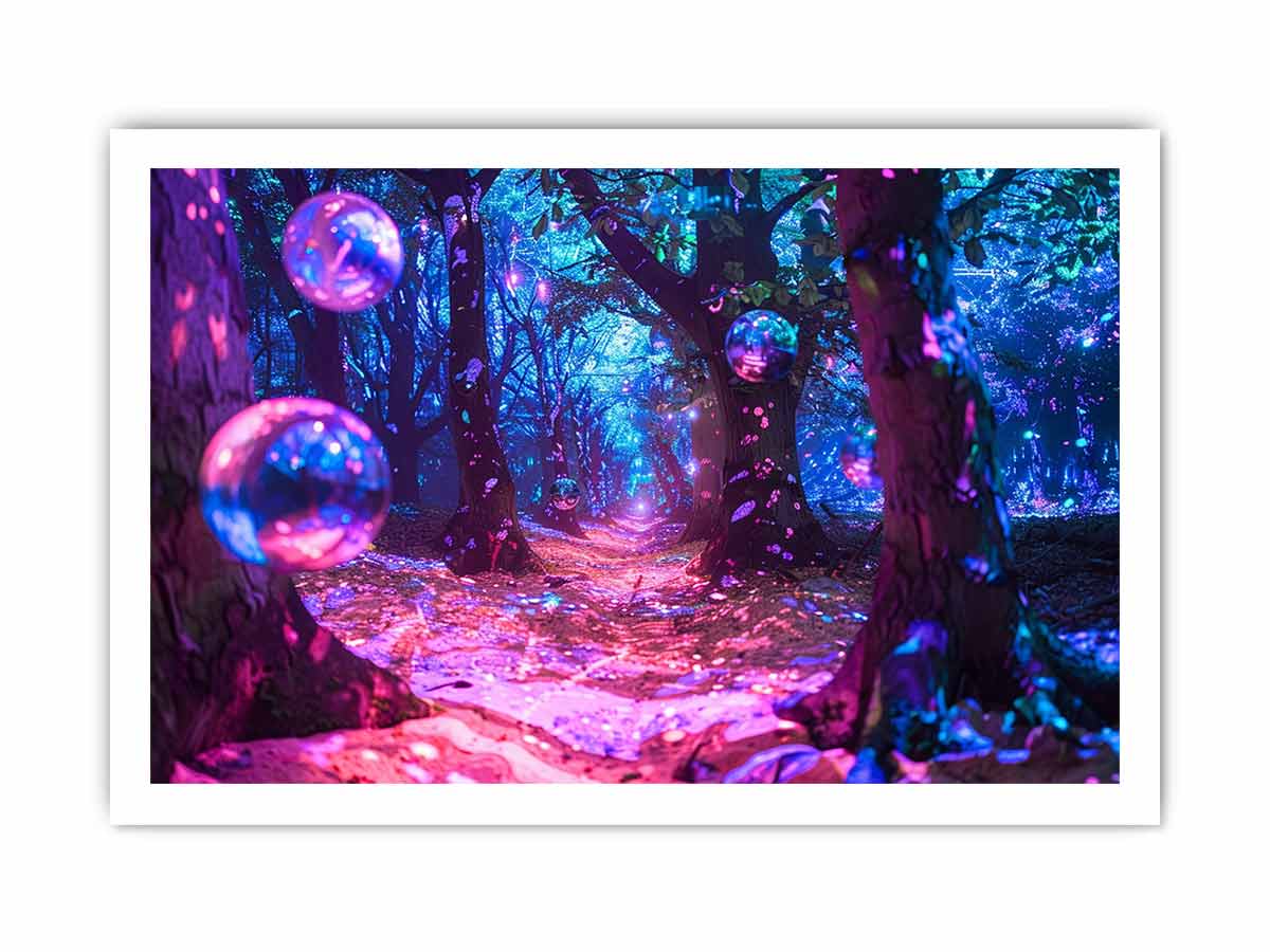 Neon fantasy forest wall art with glowing orbs for bedroom decor.