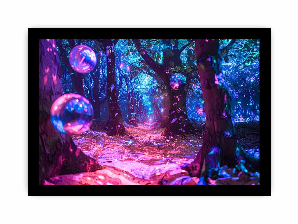 Neon fantasy forest wall art with glowing orbs for bedroom decor.