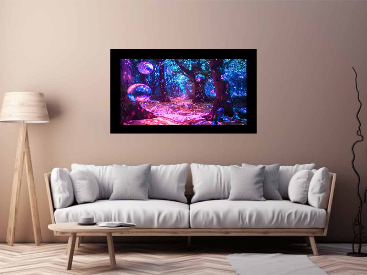 Neon fantasy forest wall art with glowing orbs for bedroom decor.
