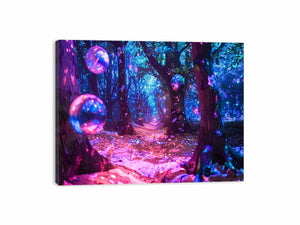 Neon fantasy forest wall art with glowing orbs for bedroom decor.