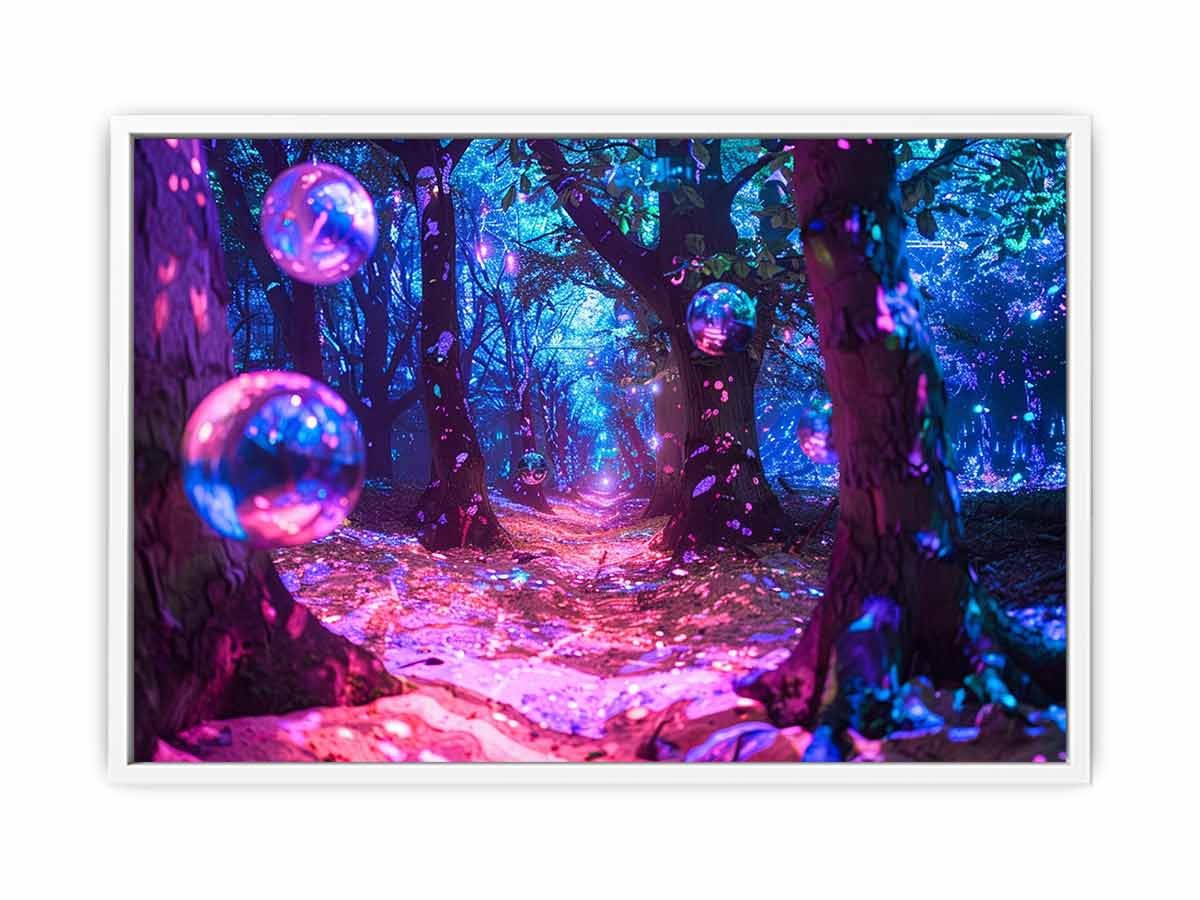 Neon fantasy forest wall art with glowing orbs for bedroom decor.