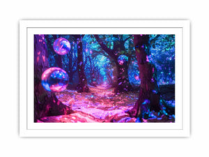 Neon fantasy forest wall art with glowing orbs for bedroom decor.