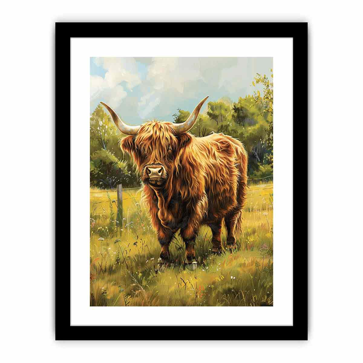 Highland cow meadow canvas art for farmhouse room decor.