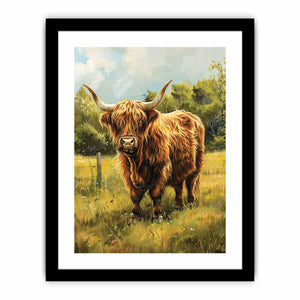 Highland cow meadow canvas art for farmhouse room decor.