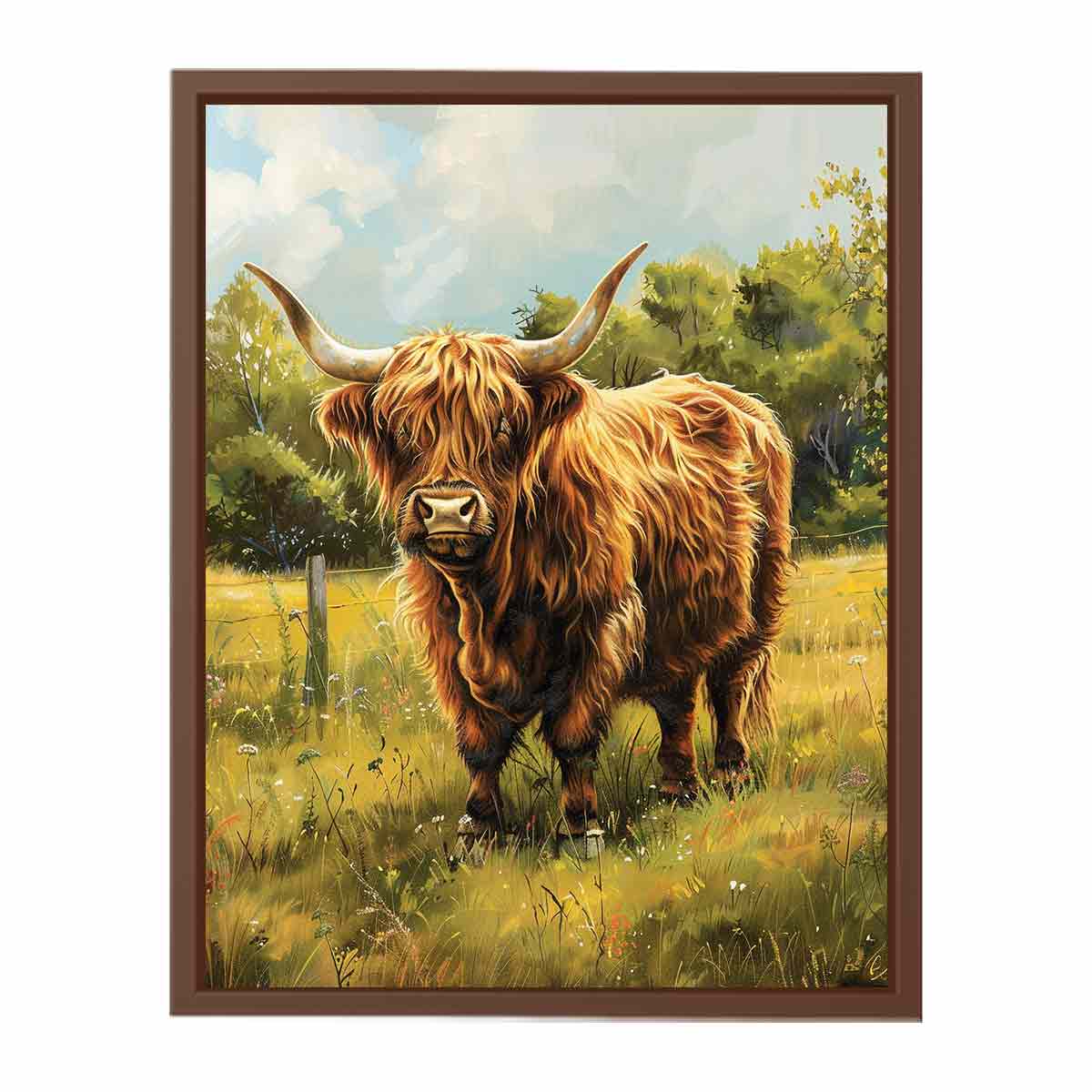 Highland cow meadow canvas art for farmhouse room decor.