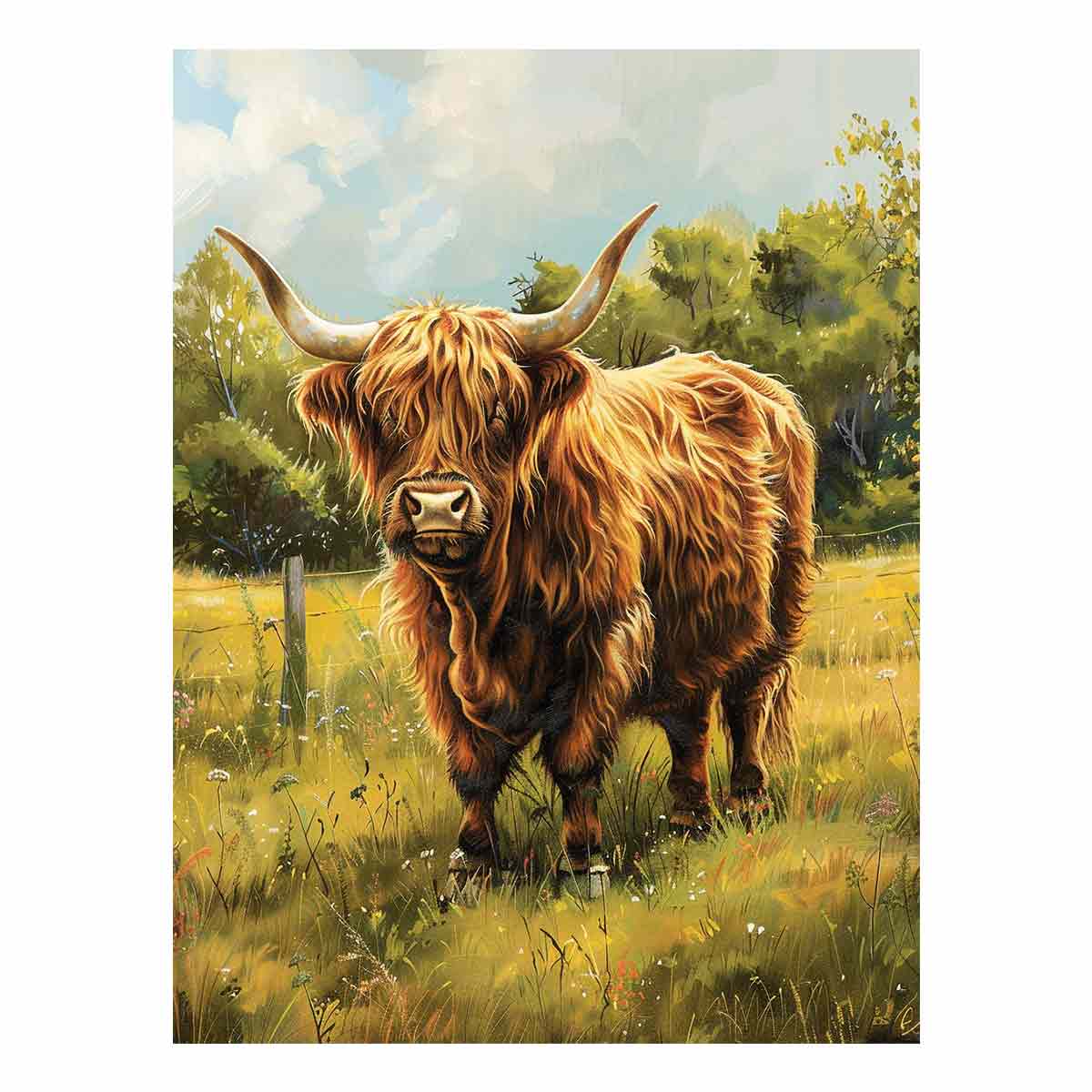 Highland cow meadow canvas art for farmhouse room decor.