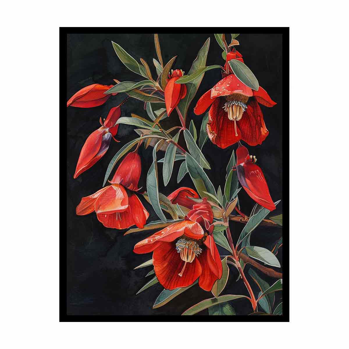 Red botanical native floral canvas art for dining room decor.