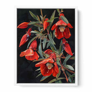 Red botanical native floral canvas art for dining room decor.