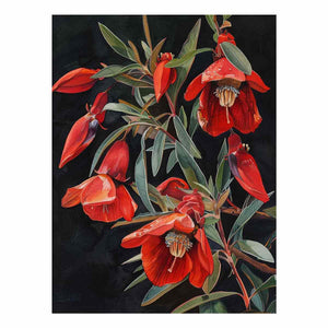 Red botanical native floral canvas art for dining room decor.