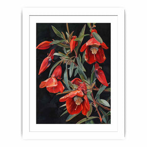 Red botanical native floral canvas art for dining room decor.