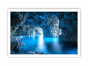 Blue sea cave wall art with turquoise water for coastal home decor.