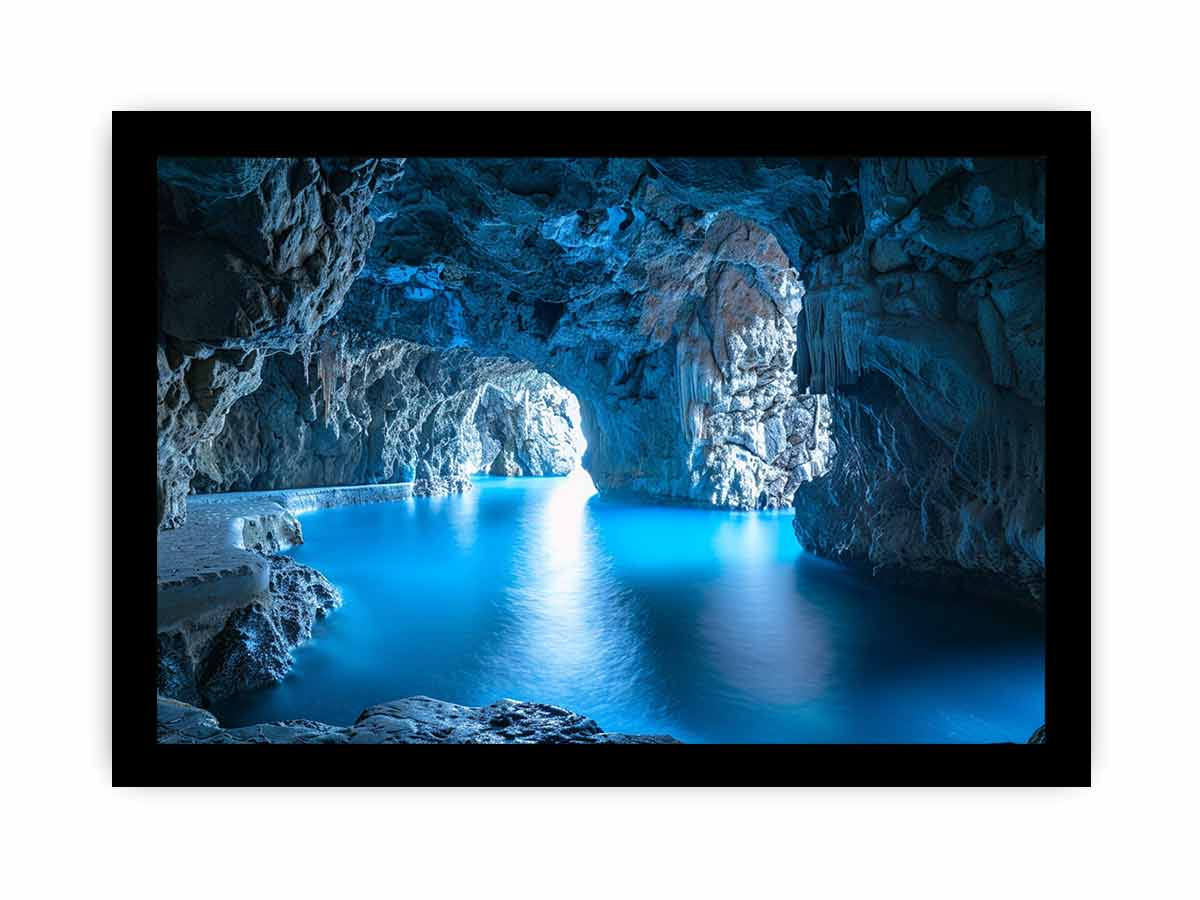 Blue sea cave wall art with turquoise water for coastal home decor.