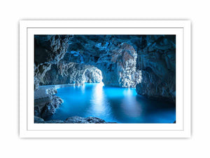 Blue sea cave wall art with turquoise water for coastal home decor.
