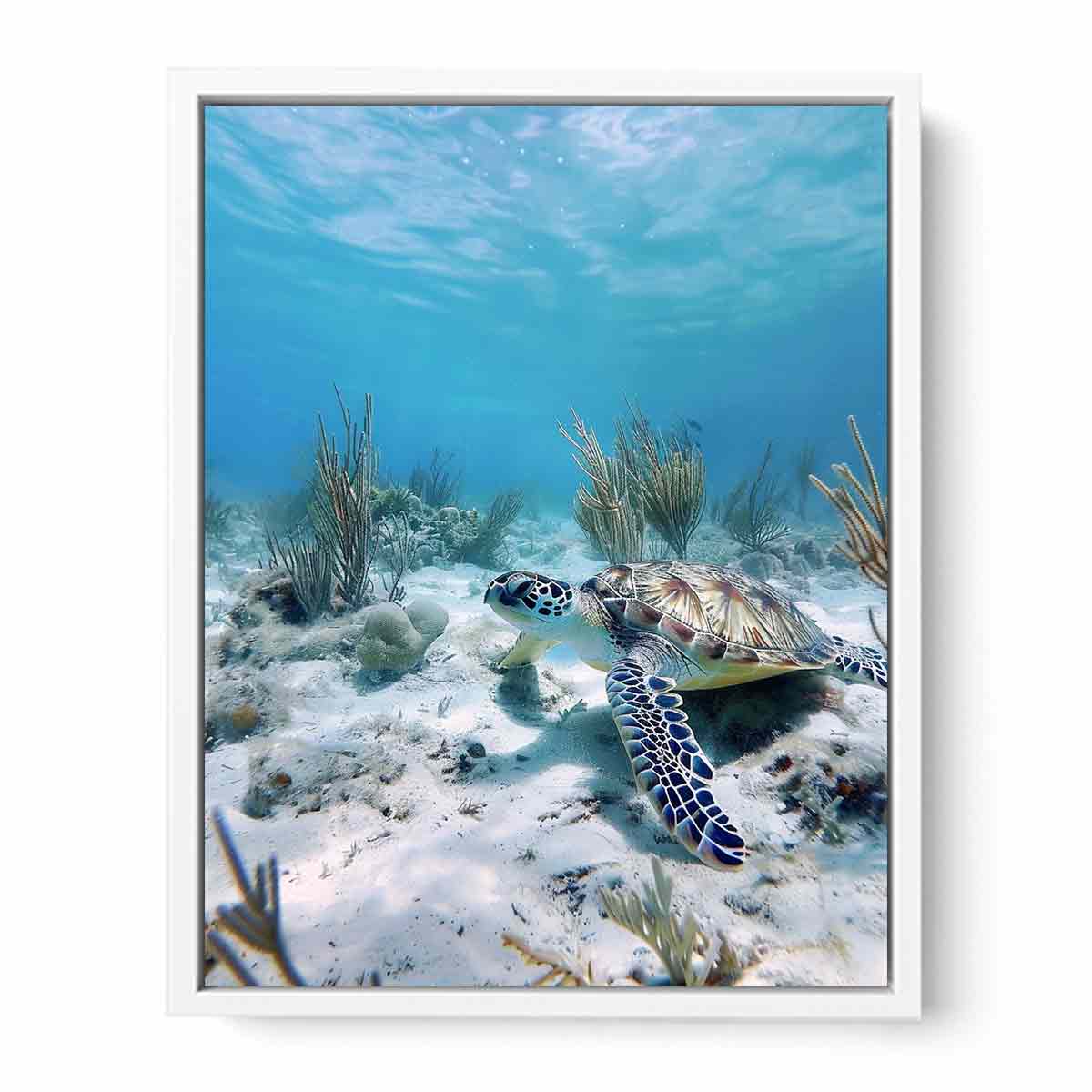 Underwater sea turtle canvas wall art for coastal bathroom decor.