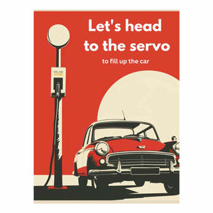 Retro gas pump car poster canvas print for mancave decor.