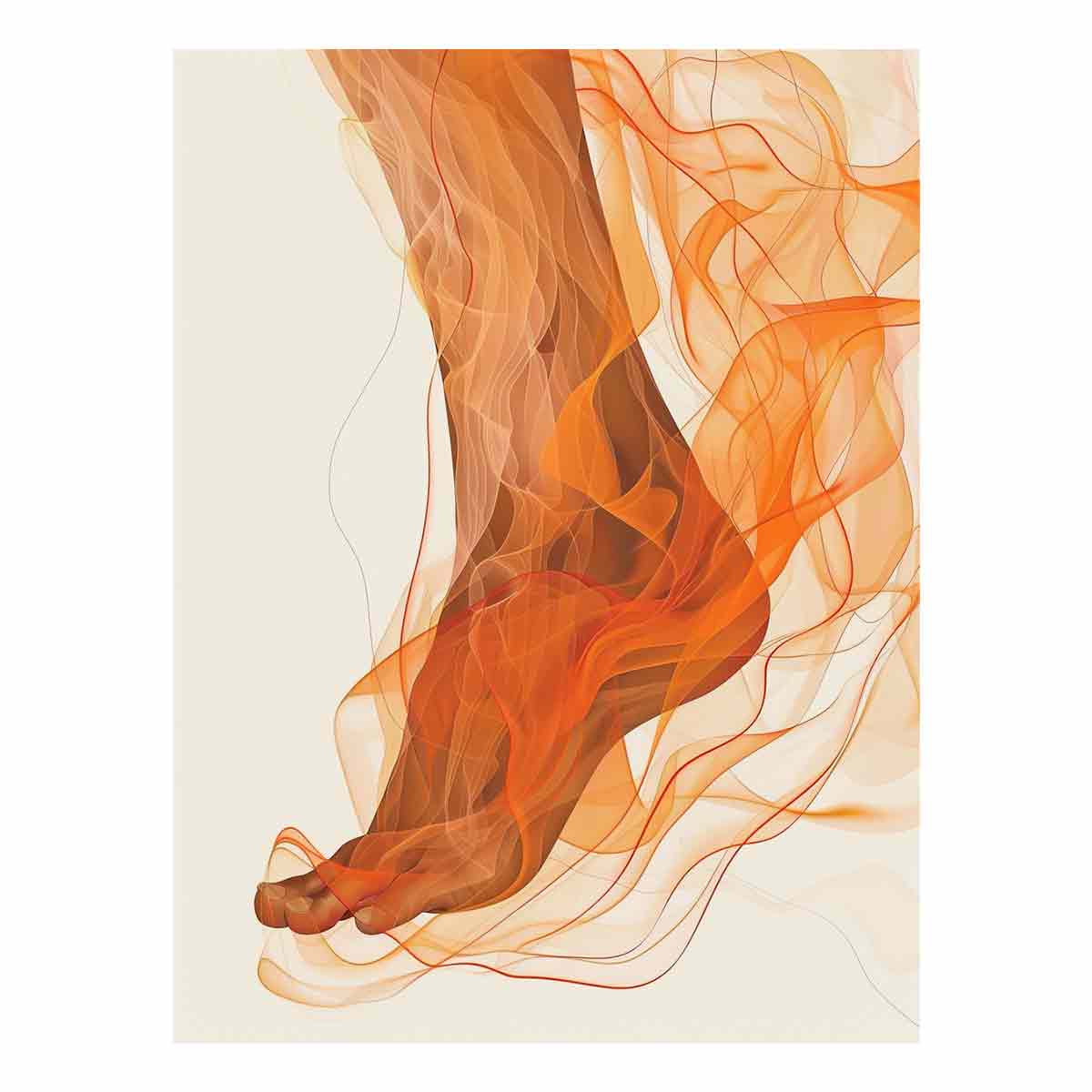 Orange abstract figurative canvas art with flowing ribbons for bedroom decor.