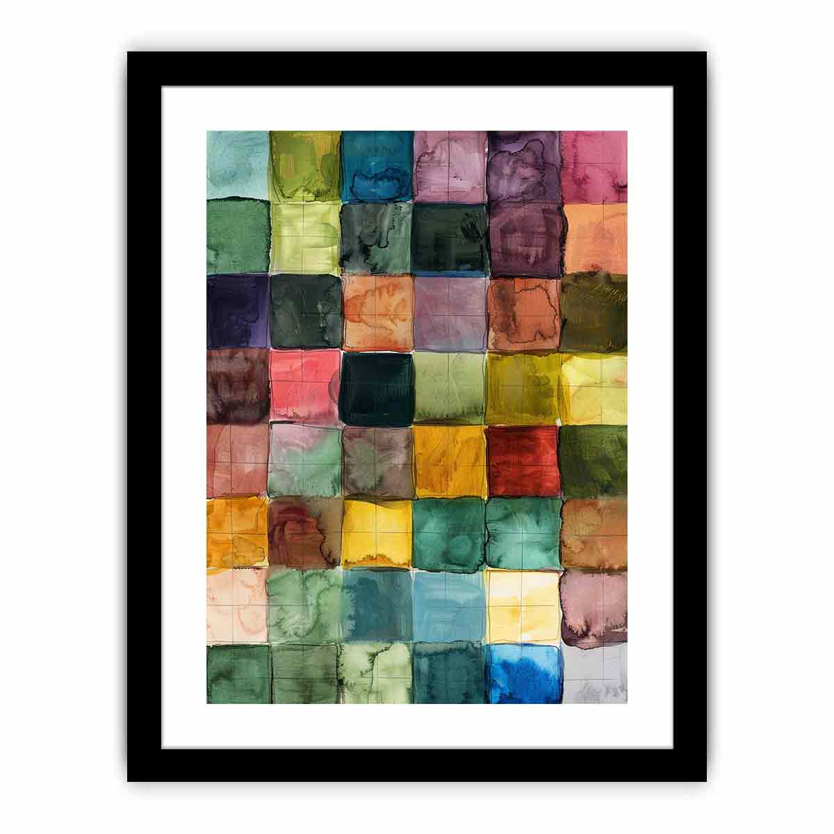 Colorful watercolor grid abstract canvas art for modern living room decor.
