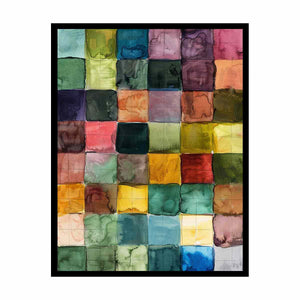 Colorful watercolor grid abstract canvas art for modern living room decor.