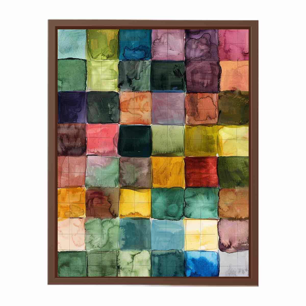Colorful watercolor grid abstract canvas art for modern living room decor.