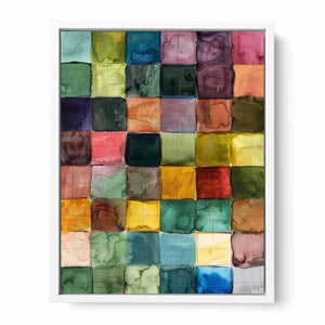 Colorful watercolor grid abstract canvas art for modern living room decor.