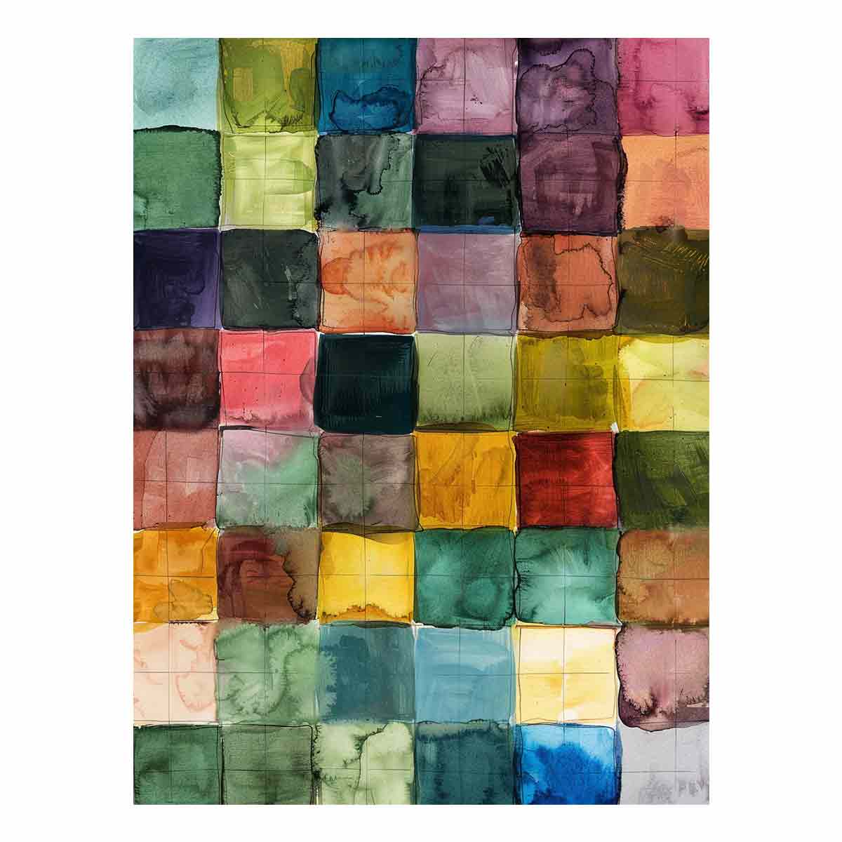 Colorful watercolor grid abstract canvas art for modern living room decor.
