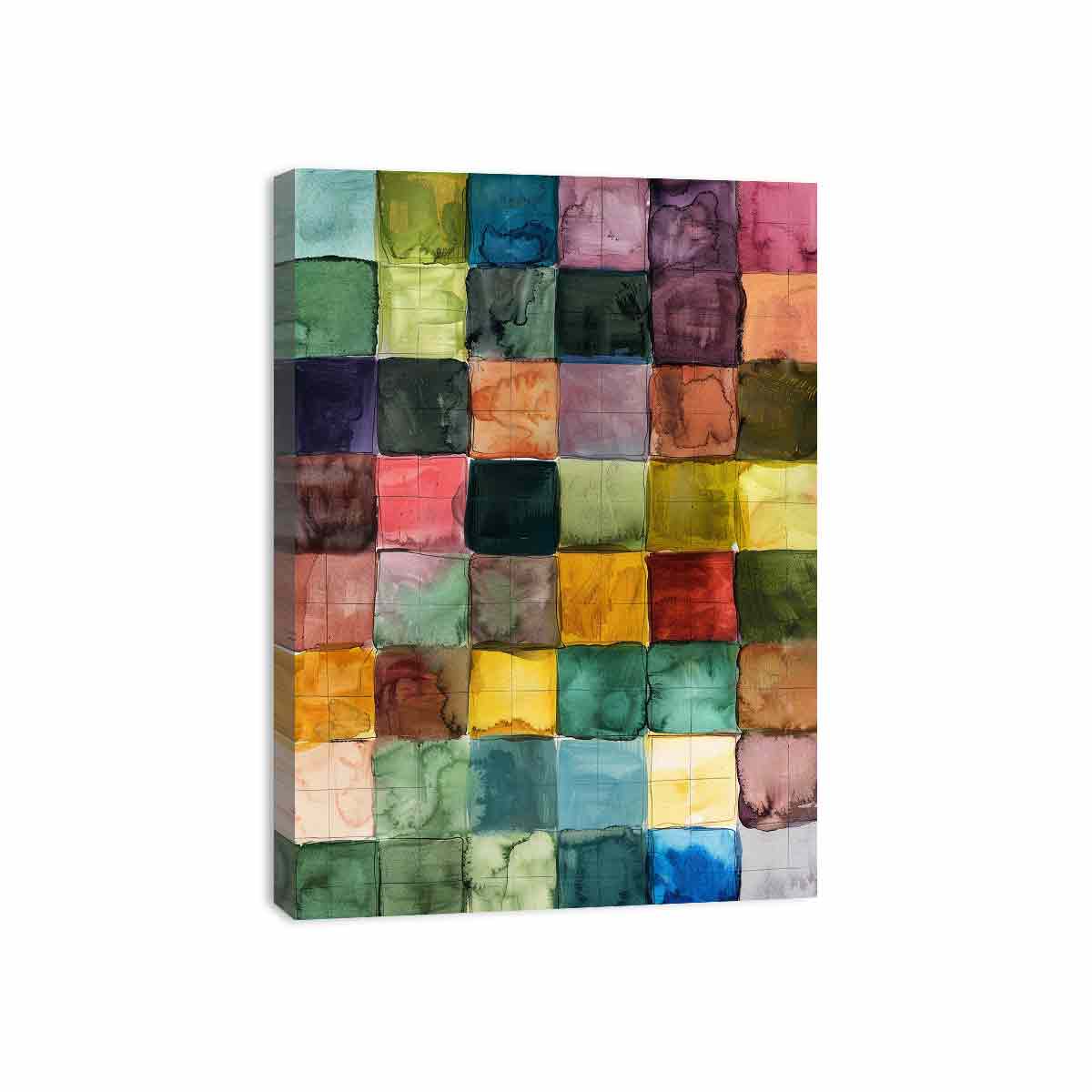 Colorful watercolor grid abstract canvas art for modern living room decor.
