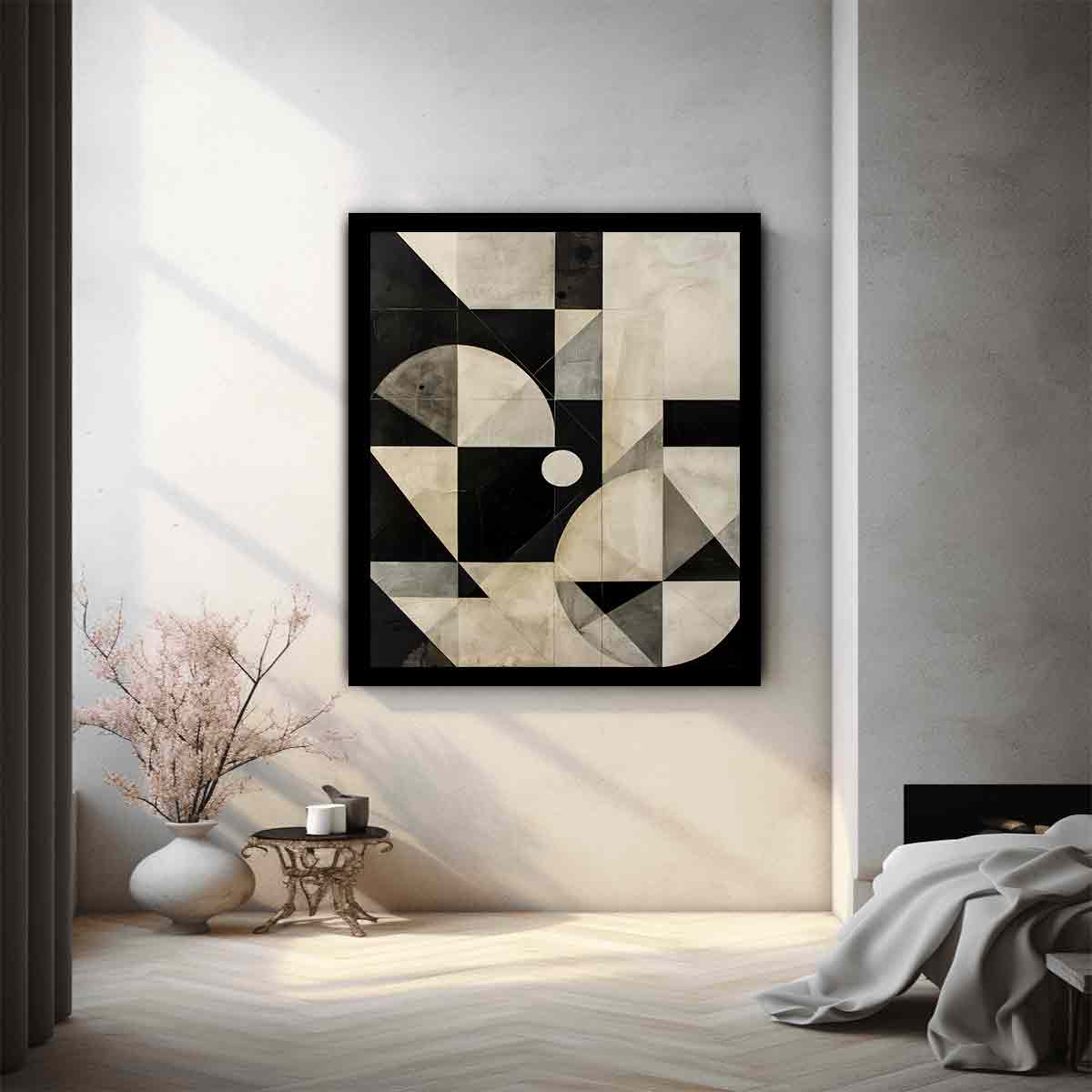 Neutral black and cream geometric canvas art for modern living room decor.