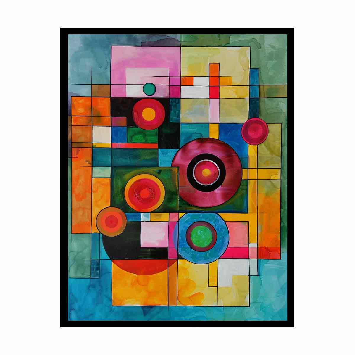Colorful retro geometric canvas art with circles for modern living room decor.