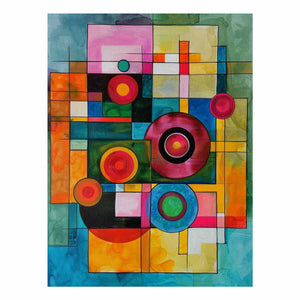 Colorful retro geometric canvas art with circles for modern living room decor.
