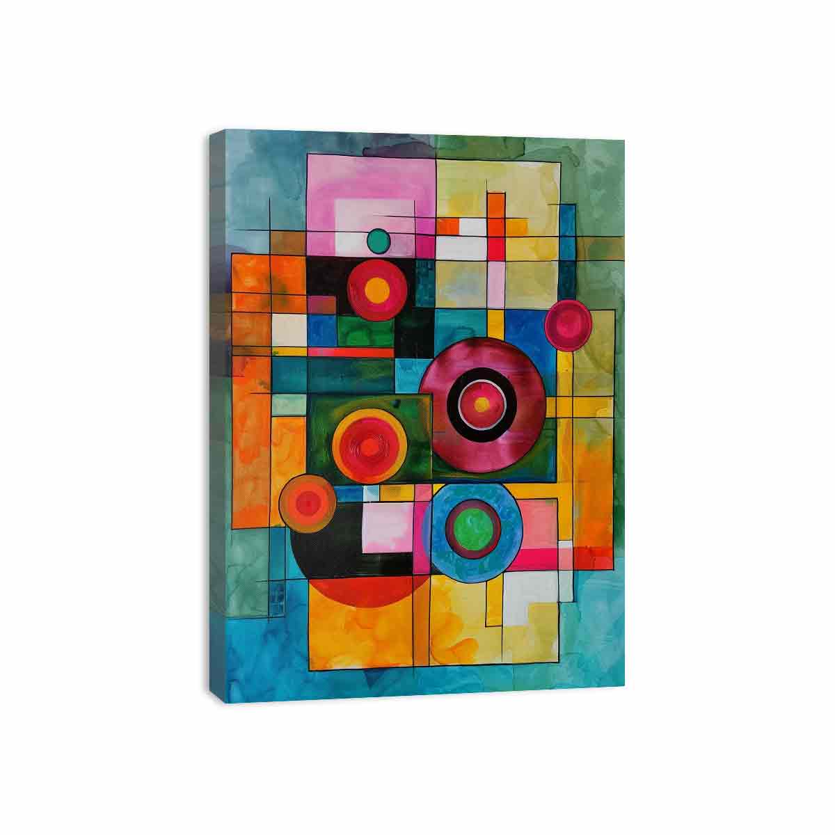 Colorful retro geometric canvas art with circles for modern living room decor.