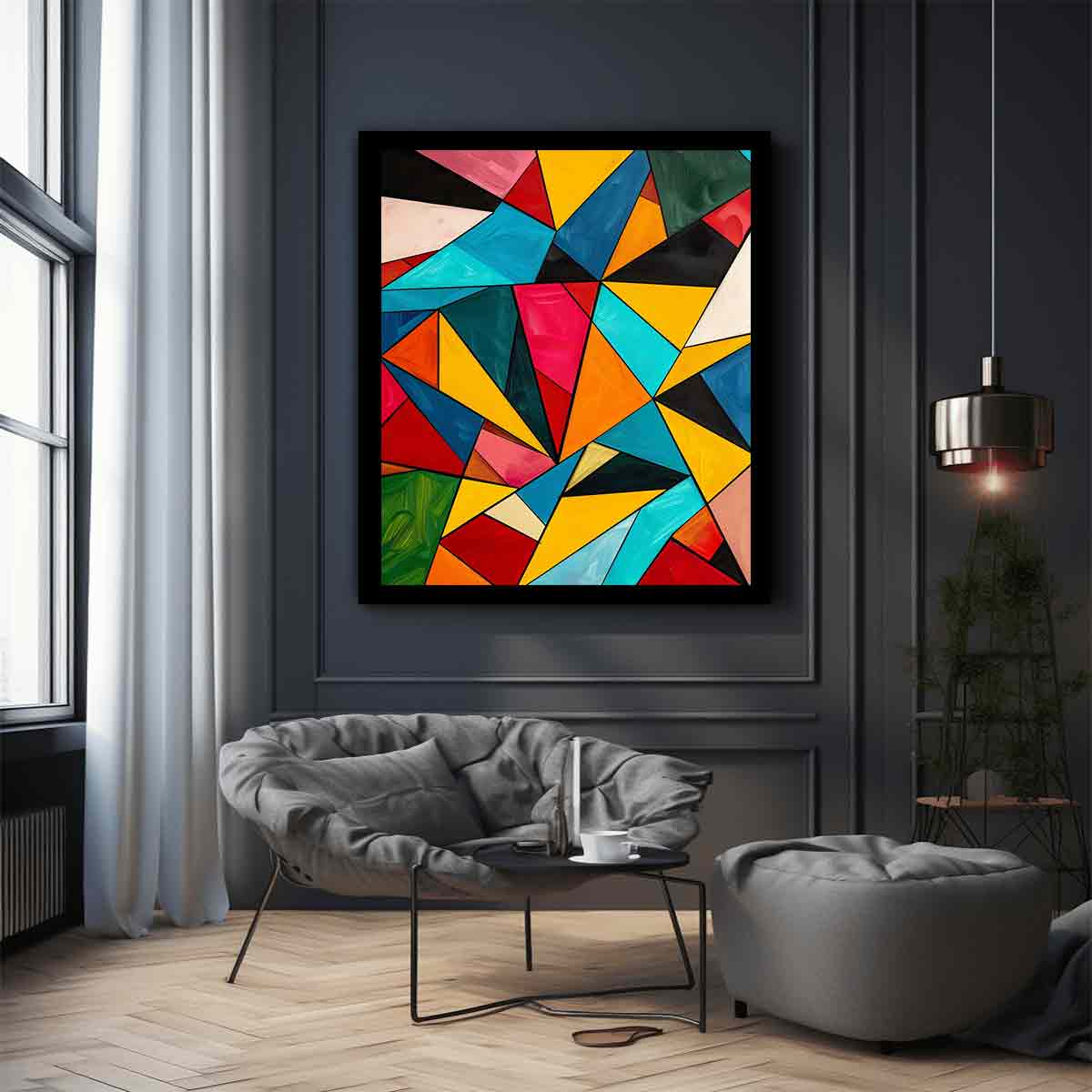 Bold colorful geometric prism canvas art for modern living room wall decor.