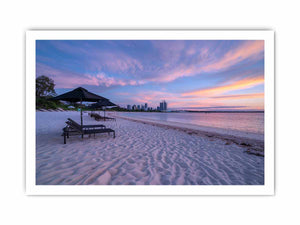 Panoramic beach sunset photography canvas art for coastal living room decor.